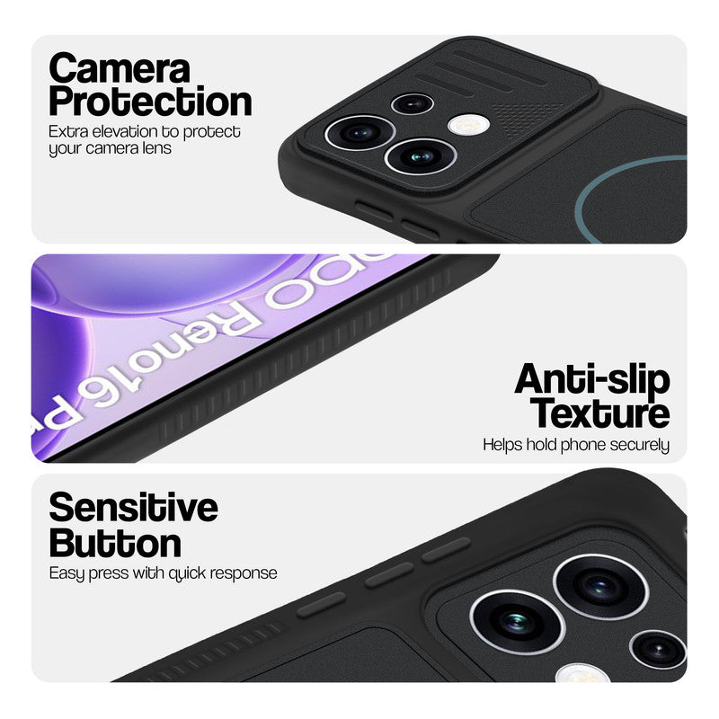 Stone Black phone case for Oppo Reno 16 Pro 5G showing camera safety edges, anti slip side grip and easy press button covers.