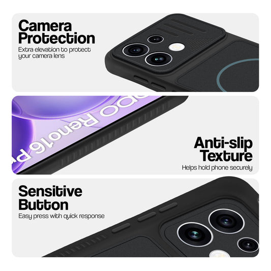 Stone Black phone case for Oppo Reno 16 Pro 5G showing camera safety edges, anti slip side grip and easy press button covers.
