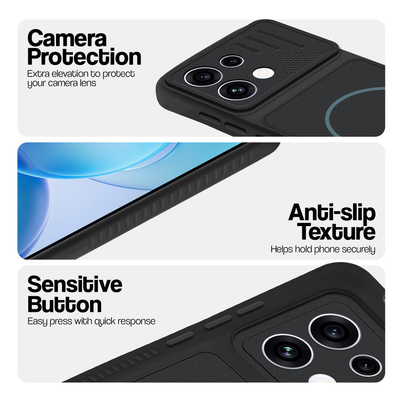 Stone Black phone case for Oppo Reno 16C 5G showing camera safety edges, anti slip side grip and easy press button covers.