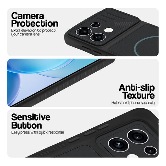 Stone Black phone case for Oppo Reno 16C 5G showing camera safety edges, anti slip side grip and easy press button covers.