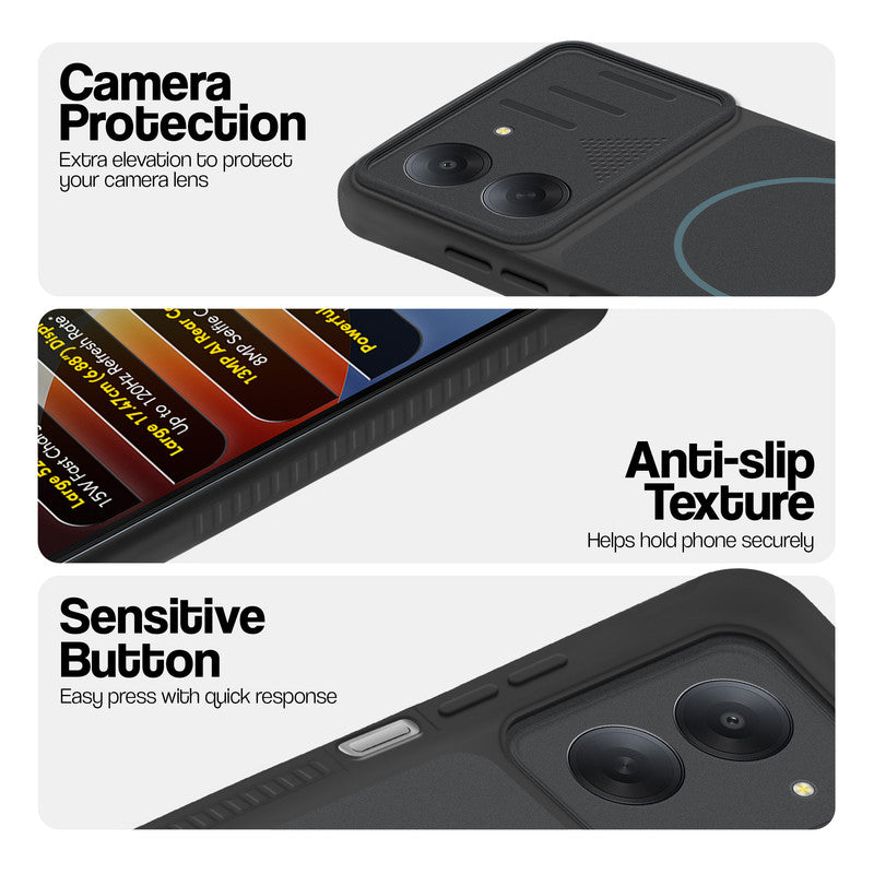 Stone Black phone case for Poco C81x 4G showing camera safety edges, anti slip side grip and easy press button covers.