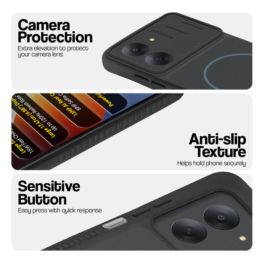 Stone Black phone case for Poco C81x 4G showing camera safety edges, anti slip side grip and easy press button covers.