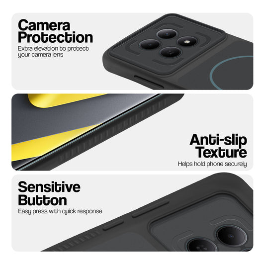 Stone Black phone case for Poco M8 5G showing camera safety edges, anti slip side grip and easy press button covers.