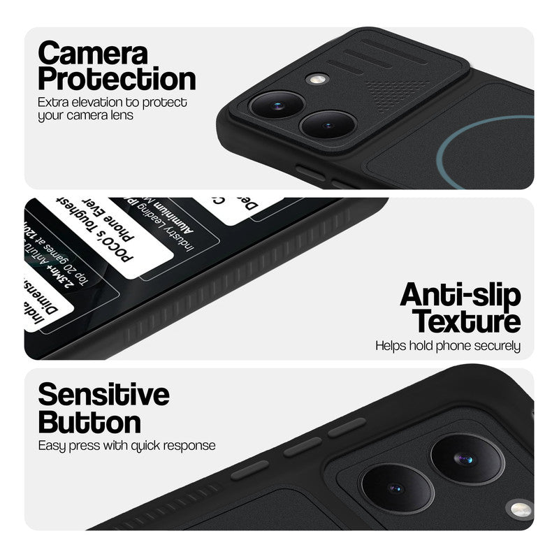 Stone Black phone case for Poco X8 Pro 5G showing camera safety edges, anti slip side grip and easy press button covers.