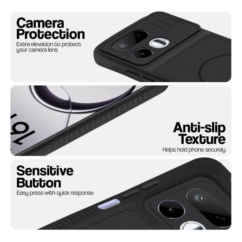 Stone Black phone case for Realme 16T 5G showing camera safety edges, anti slip side grip and easy press button covers.