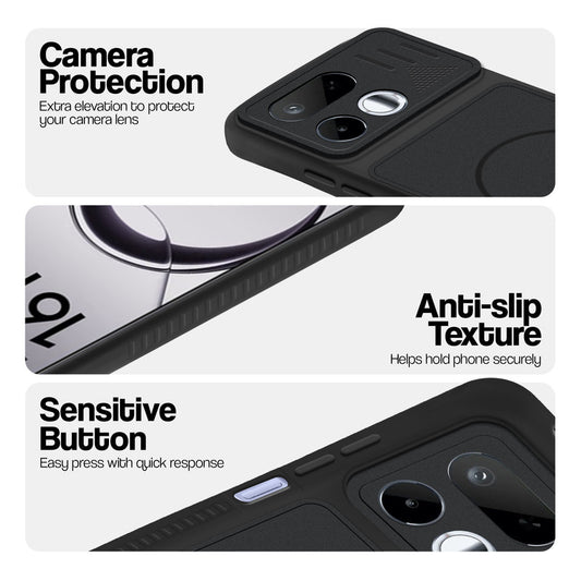 Stone Black phone case for Realme 16T 5G showing camera safety edges, anti slip side grip and easy press button covers.