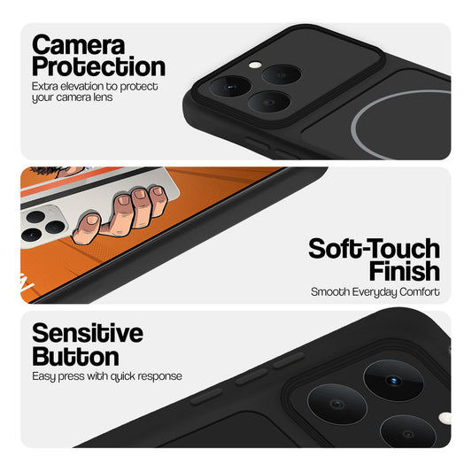 Stone Black - Blue Ring phone case for Realme Narzo 90 5G showing camera safety edges, anti slip side grip and easy press button covers.