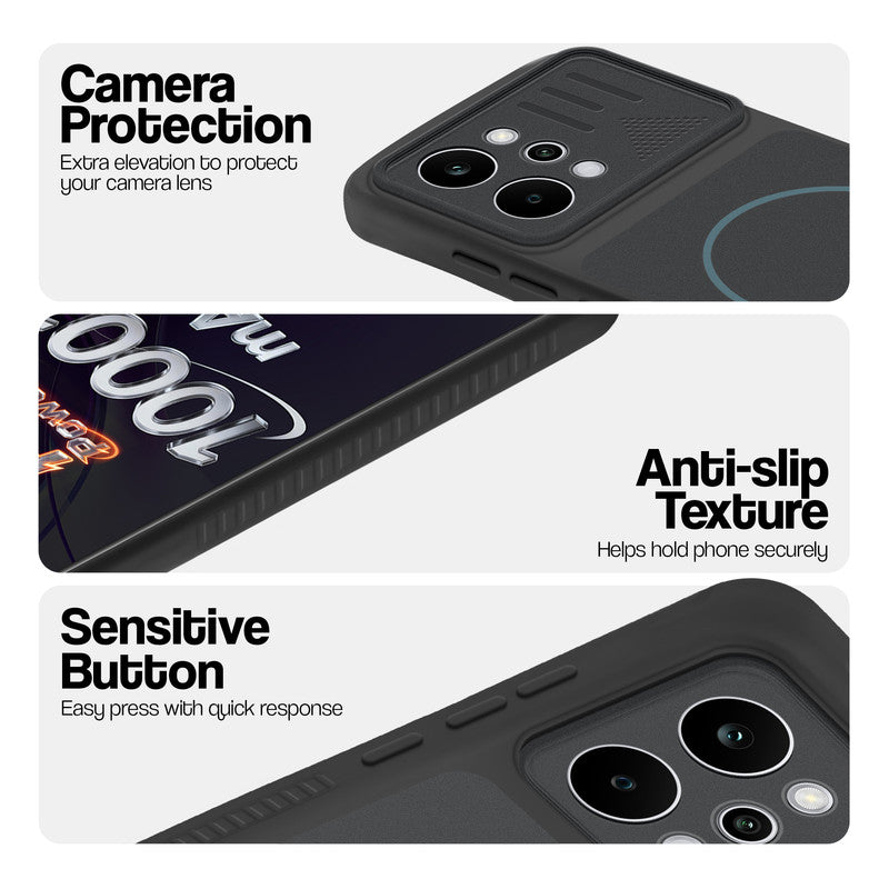 Stone Black phone case for Realme P4 Power 5G showing camera safety edges, anti slip side grip and easy press button covers.