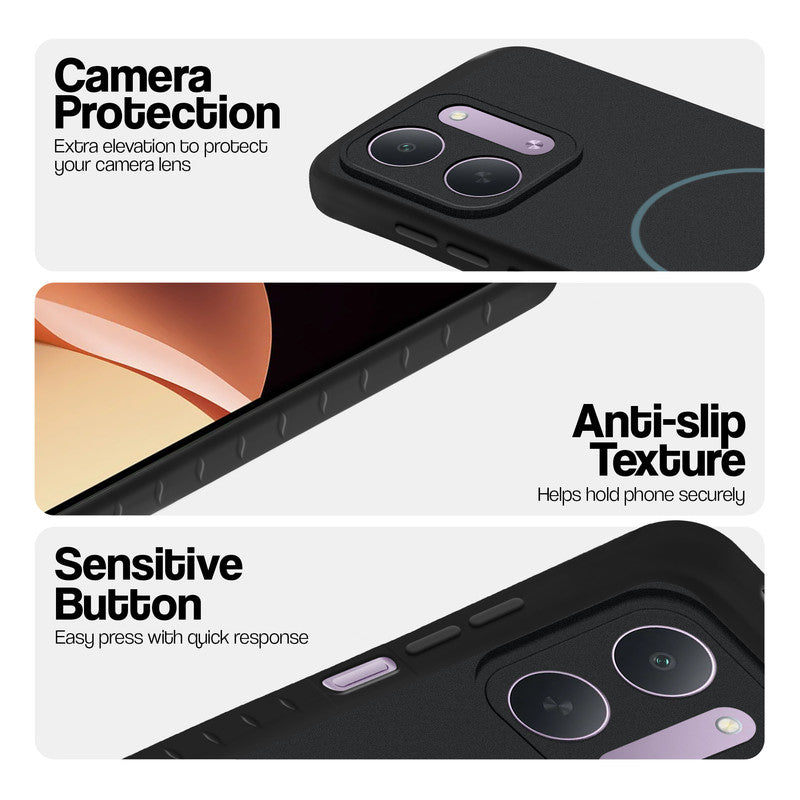 Stone Black - Blue Ring phone case for Redmi 17C 5G showing camera safety edges, anti slip side grip and easy press button covers.