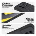 Stone Black phone case for Redmi Note 15 SE 5G showing camera safety edges, anti slip side grip and easy press button covers.