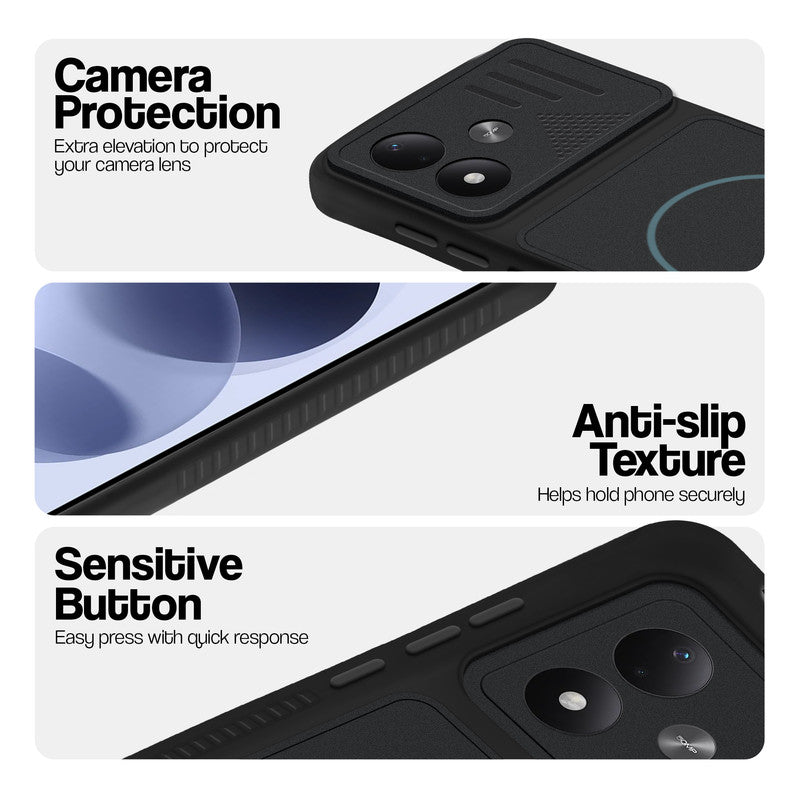 Stone Black phone case for Redmi Note 17 5G showing camera safety edges, anti slip side grip and easy press button covers.