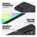 Stone Black phone case for Samsung A27 5G showing camera safety edges, anti slip side grip and easy press button covers.