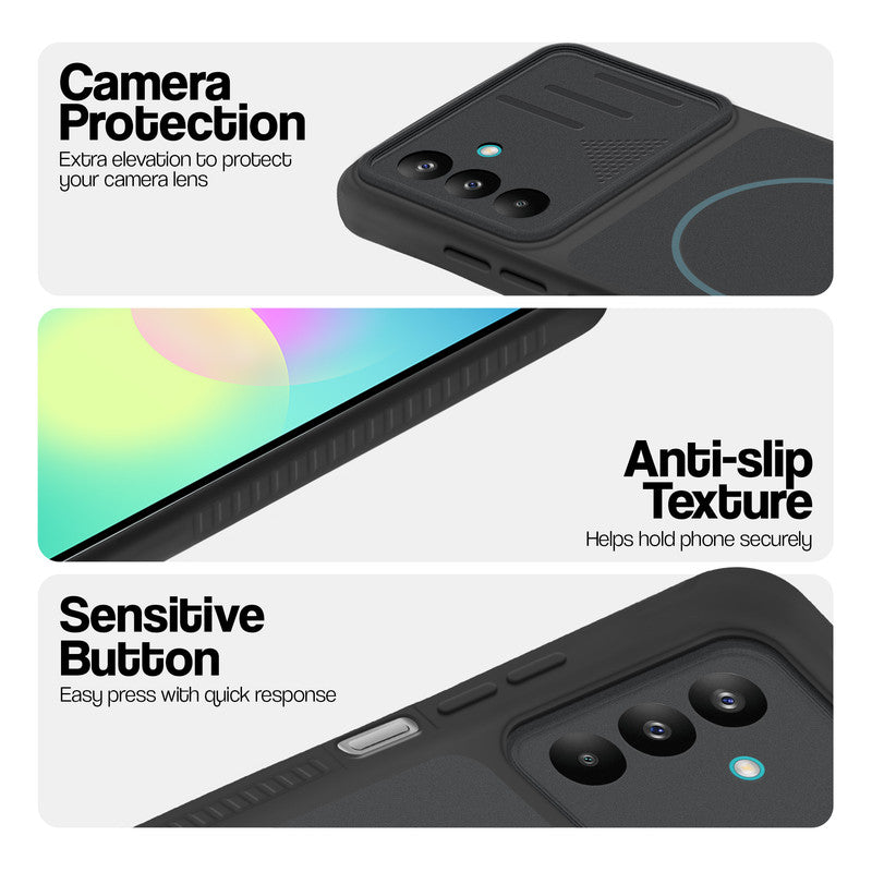 Stone Black phone case for Samsung A27 5G showing camera safety edges, anti slip side grip and easy press button covers.