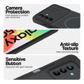 Stone Black phone case for Samsung M47 5G showing camera safety edges, anti slip side grip and easy press button covers.