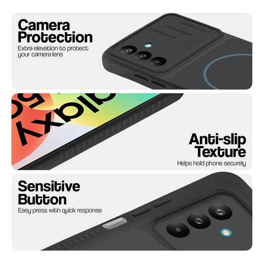 Stone Black phone case for Samsung M47 5G showing camera safety edges, anti slip side grip and easy press button covers.