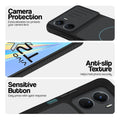 Stone Black - Blue Ring phone case for Vivo T2x 5G showing camera safety edges, anti slip side grip and easy press button covers.