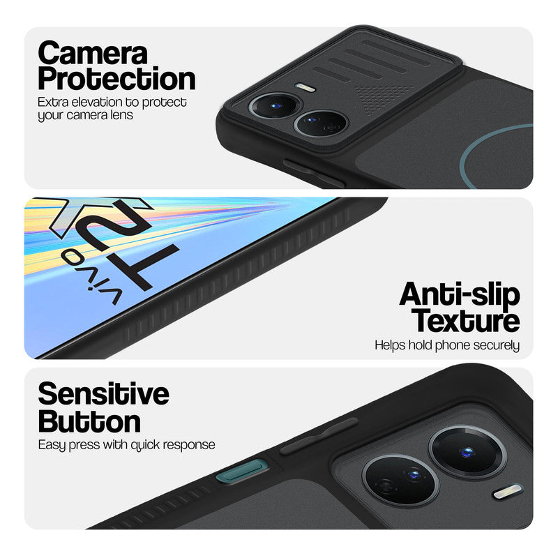 Stone Black - Blue Ring phone case for Vivo T2x 5G showing camera safety edges, anti slip side grip and easy press button covers.