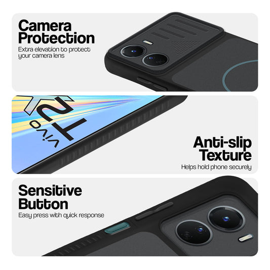 Stone Black - Blue Ring phone case for Vivo T2x 5G showing camera safety edges, anti slip side grip and easy press button covers.