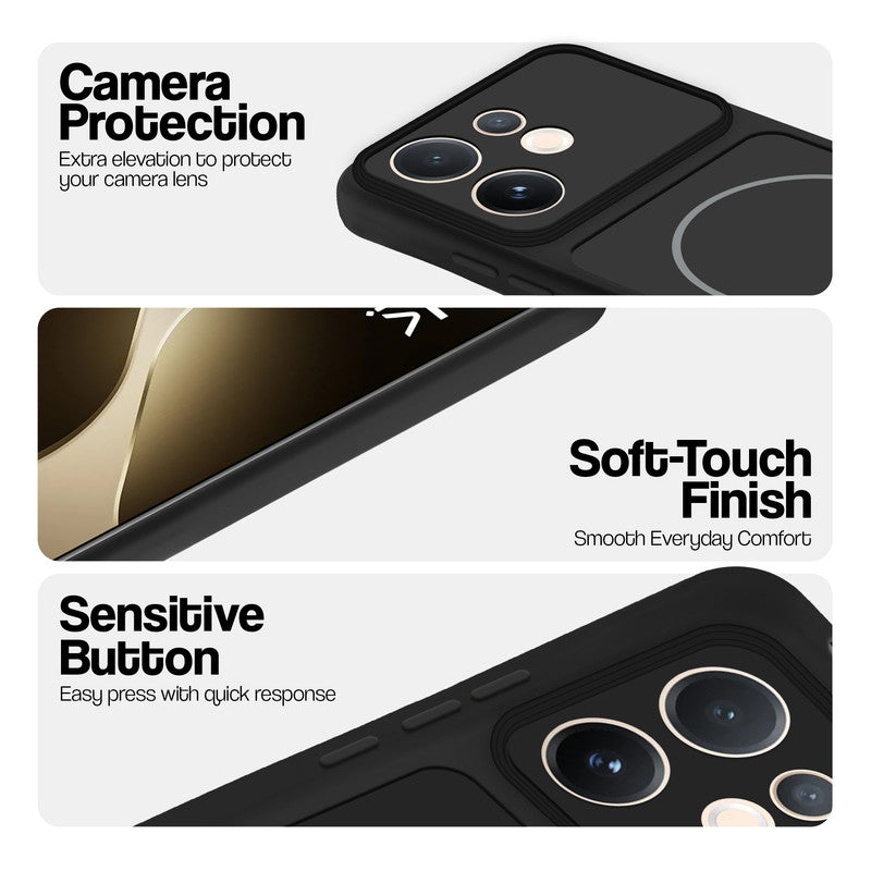 Stone Black phone case for Vivo T4 Pro 5G showing camera safety edges, anti slip side grip and easy press button covers.