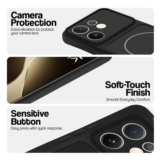 Stone Black phone case for Vivo T4 Pro 5G showing camera safety edges, anti slip side grip and easy press button covers.