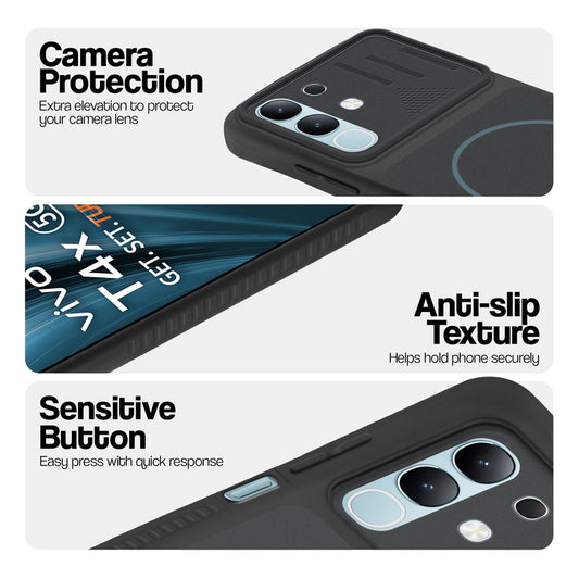 Stone Black phone case for Vivo T4x 5G showing camera safety edges, anti slip side grip and easy press button covers.