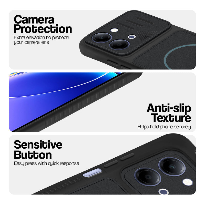 Stone Black phone case for Vivo T5 Lite 5G showing camera safety edges, anti slip side grip and easy press button covers.