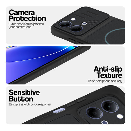 Stone Black phone case for Vivo T5 Lite 5G showing camera safety edges, anti slip side grip and easy press button covers.