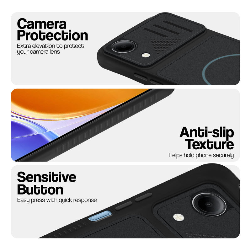 Stone Black phone case for Vivo T5e 5G showing camera safety edges, anti slip side grip and easy press button covers.
