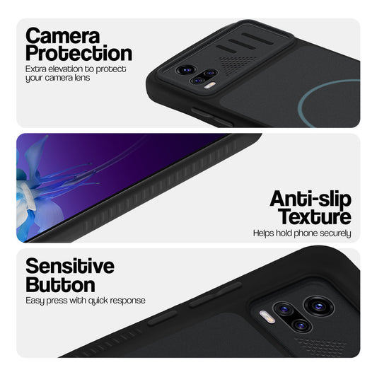 Stone Black phone case for Vivo V20 showing camera safety edges, anti slip side grip and easy press button covers.