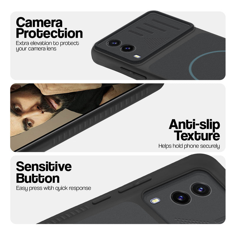 Stone Black phone case for Vivo V21e 5G showing camera safety edges, anti slip side grip and easy press button covers.