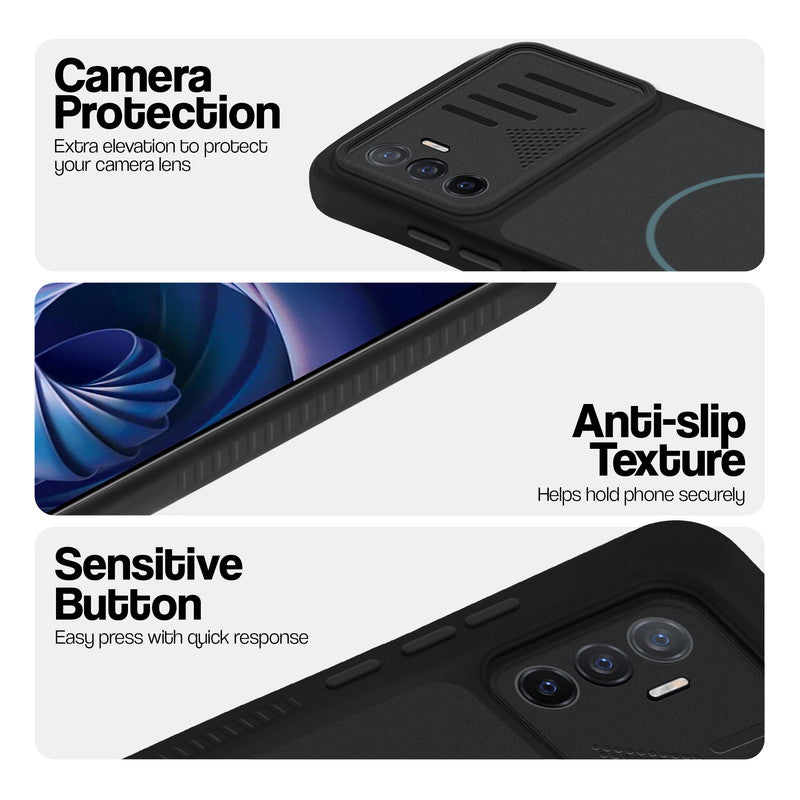 Stone Black phone case for Vivo V23e 5G showing camera safety edges, anti slip side grip and easy press button covers.