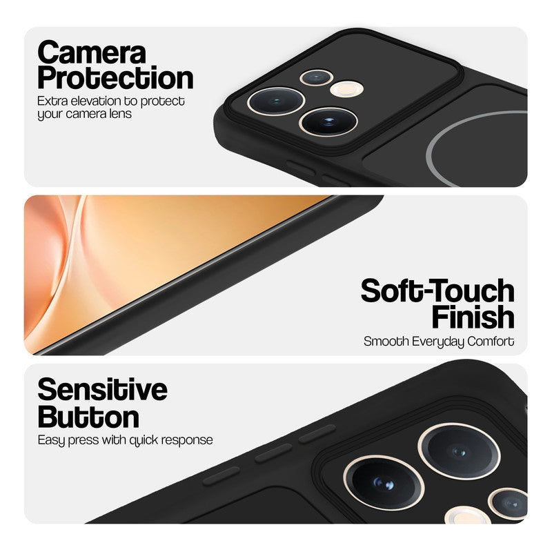 Stone Black phone case for Vivo V60 5G showing camera safety edges, anti slip side grip and easy press button covers.