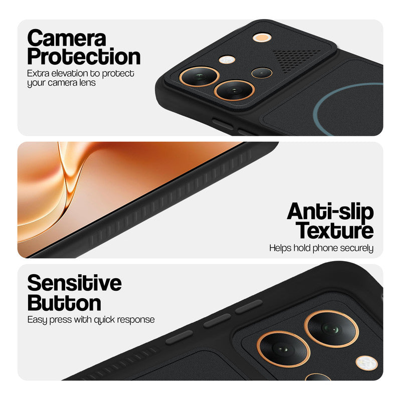 Stone Black - Blue Ring phone case for Vivo V80 5G showing camera safety edges, anti slip side grip and easy press button covers.