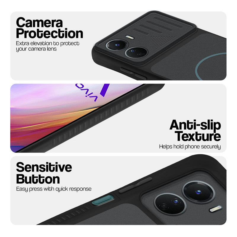 Stone Black - Blue Ring phone case for Vivo Y16 showing camera safety edges, anti slip side grip and easy press button covers.
