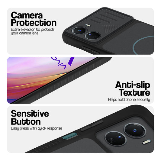 Stone Black - Blue Ring phone case for Vivo Y16 showing camera safety edges, anti slip side grip and easy press button covers.