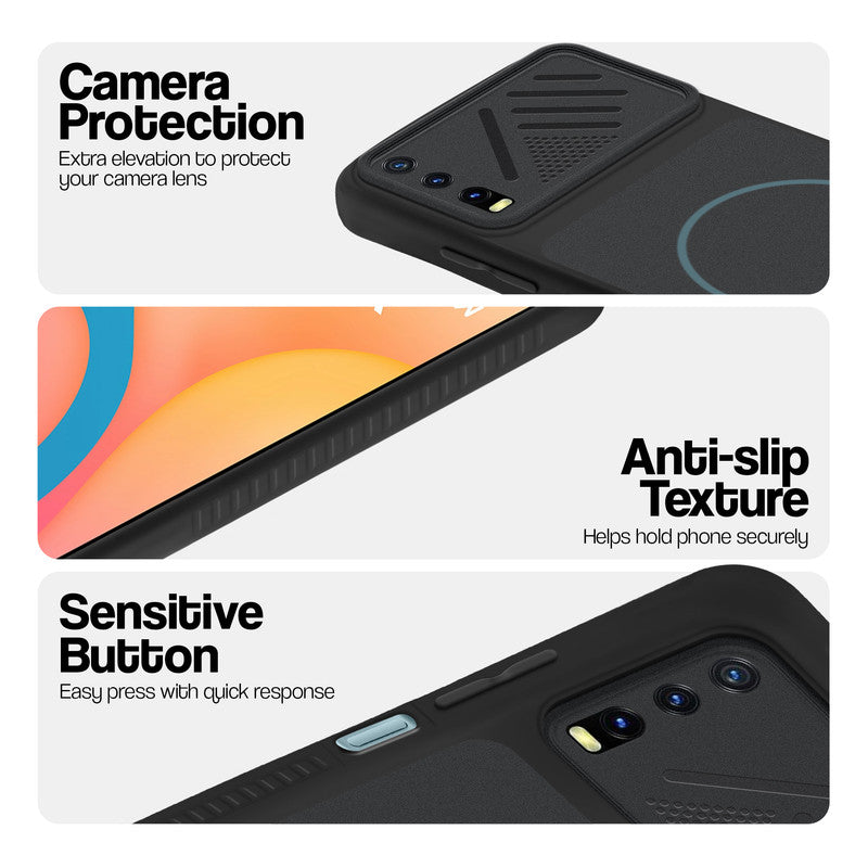 Stone Black phone case for Vivo Y20 showing camera safety edges, anti slip side grip and easy press button covers.