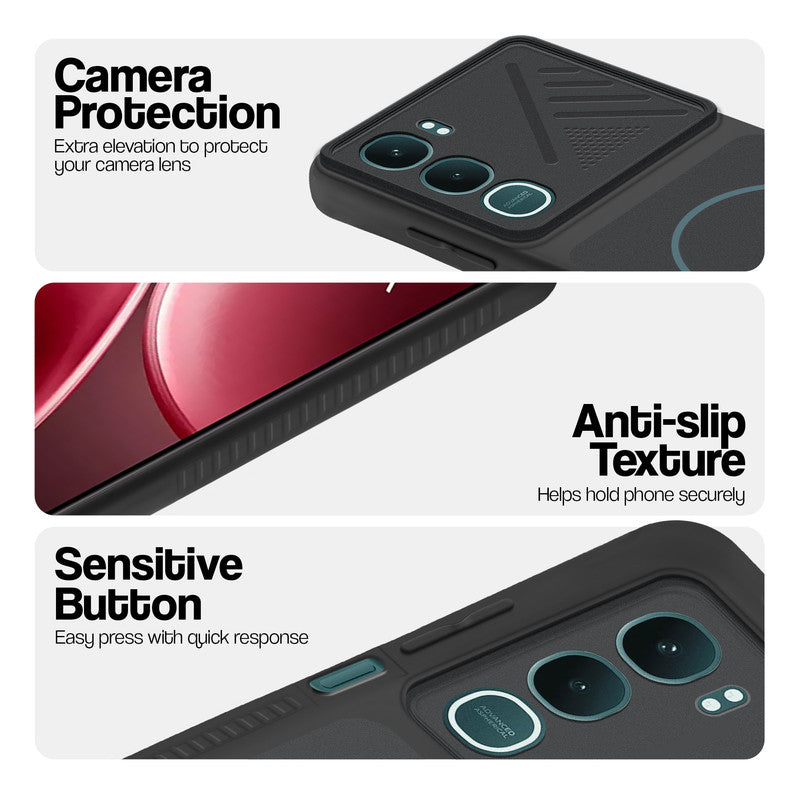 Stone Black phone case for Vivo Y31 Pro 5G showing camera safety edges, anti slip side grip and easy press button covers.