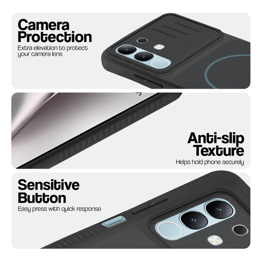 Stone Black phone case for Vivo Y31 5G showing camera safety edges, anti slip side grip and easy press button covers.