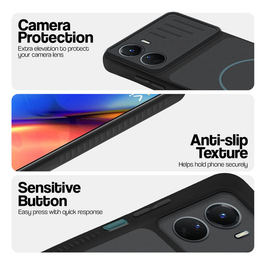 Stone Black - Blue Ring phone case for Vivo Y56 5G showing camera safety edges, anti slip side grip and easy press button covers.