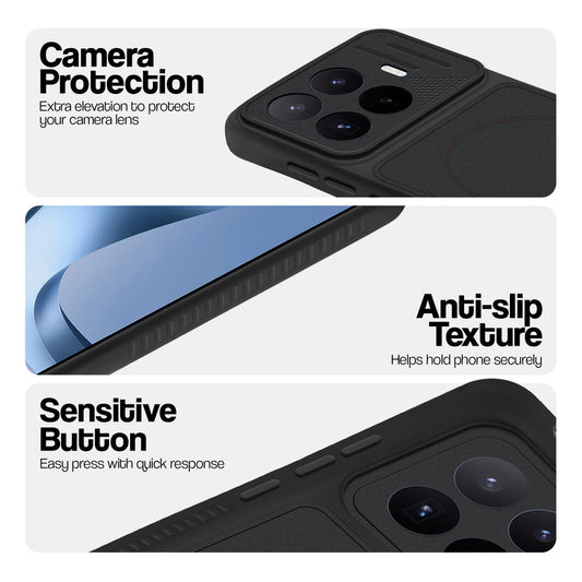 Stone Black phone case for Xiaomi 17T 5G showing camera safety edges, anti slip side grip and easy press button covers.
