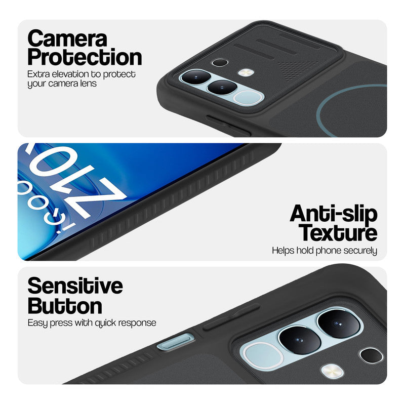 Stone Black phone case for iQOO Z10X 5G showing camera safety edges, anti slip side grip and easy press button covers.