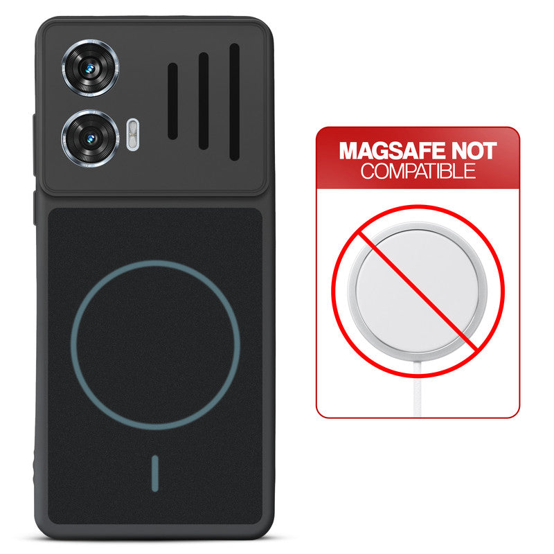 Stone Black back cover for Motorola Moto G85 5G with printed ring pattern and message showing not compatible with MagSafe charging.