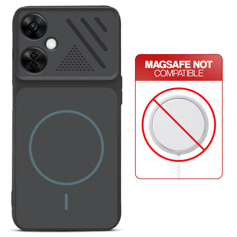 Stone Black back cover for OnePlus Nord CE 3 Lite 5G with printed ring pattern and message showing not compatible with MagSafe charging.