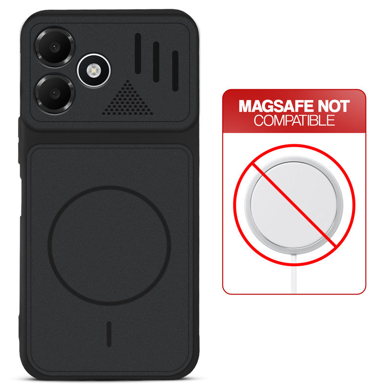 Stone Black back cover for Oppo A6C 4G with printed ring pattern and message showing not compatible with MagSafe charging.