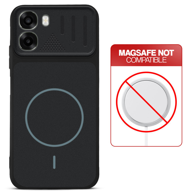 Stone Black - Blue Ring back cover for Oppo A6s 5G with printed ring pattern and message showing not compatible with MagSafe charging.