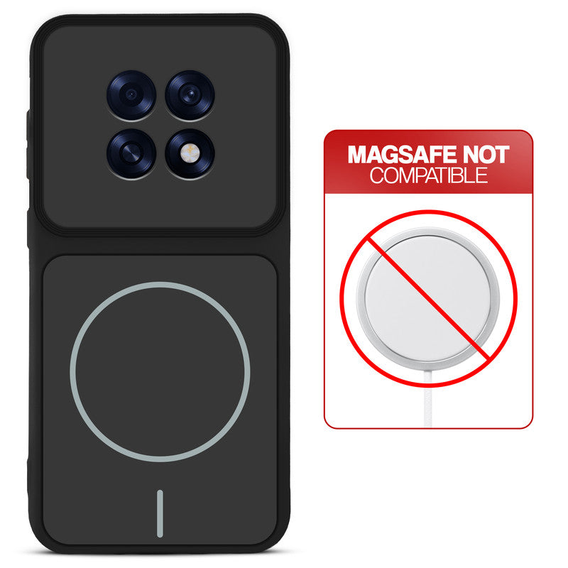 Stone Black back cover for Oppo F31 Pro Plus 5G with printed ring pattern and message showing not compatible with MagSafe charging.