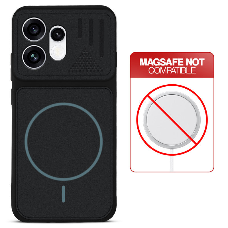 Stone Black back cover for Oppo Reno 16 5G with printed ring pattern and message showing not compatible with MagSafe charging.