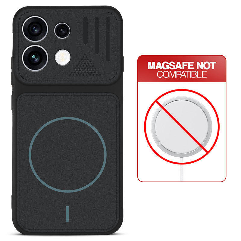 Stone Black back cover for Oppo Reno 16 Pro 5G with printed ring pattern and message showing not compatible with MagSafe charging.