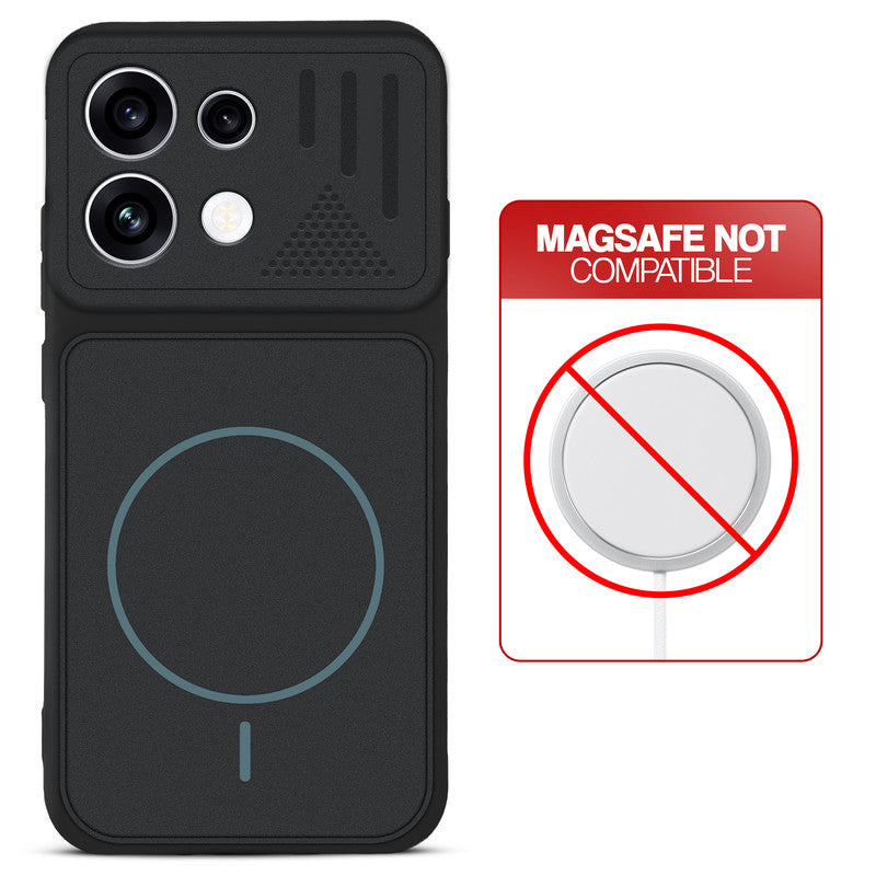 Stone Black back cover for Oppo Reno 16C 5G with printed ring pattern and message showing not compatible with MagSafe charging.
