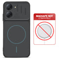 Stone Black back cover for Poco C81x 4G with printed ring pattern and message showing not compatible with MagSafe charging.